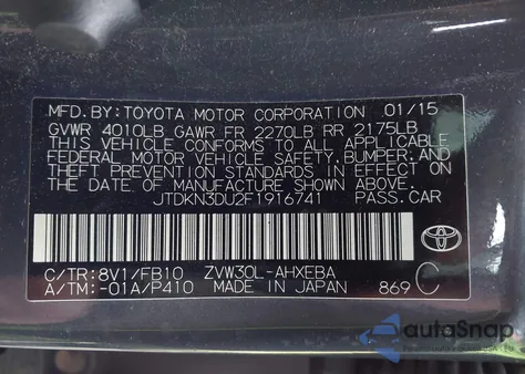 2015 Toyota Prius Two from USA, damaged, VIN JTDKN3DU2F1916741